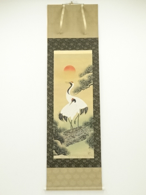 JAPANESE HANGING SCROLL / HAND PAINTED / CRANES ON PINE TREE